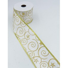 2.5 Inch Wired Christmas Ribbon with Gold Metallic Swirls & Stars on White Satin, 2-1/2 In. X 10 Yds (Lot of 1 Spool) SALE ITEM